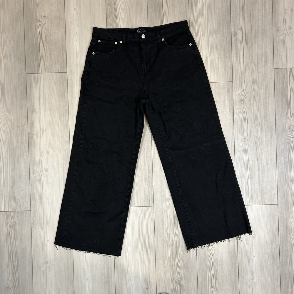 Gap High Rise Wide-Leg Black Wash Raw Hem Jeans Women's Size 14/32